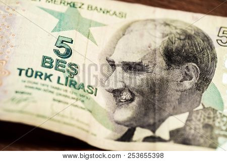 Close Up Turkish Lira Bills On Wooden Table, Turkish Lira (turkish Turk Parasi), High Exchange Rate 