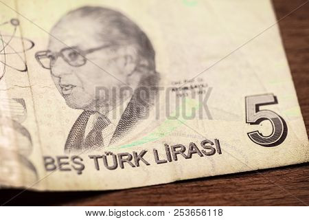 Close Up Turkish Lira Bills On Wooden Table, Turkish Lira (turkish Turk Parasi), High Exchange Rate 