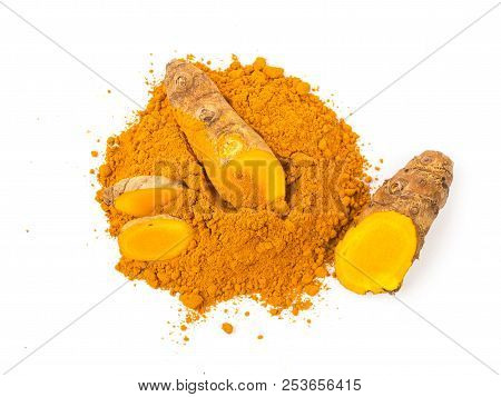 Turmeric Powder And Fresh Turmeric On White Background, Herbs