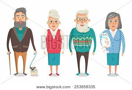 Grandparents Collection, Granny Holding Kitty, Granddad With Stick Walking Dog, Grandma And Grandpa 