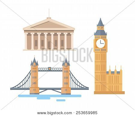 World Famous Attractions From England Or America. Tall Big Ben, Large London Tower Bridge And Washin