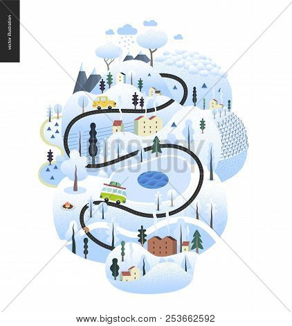 Magical Winter Landscape - Snowed Up Island With Hills, Roads, Cars, Houses And Snow-covered Trees, 