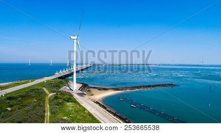 Oosterschelde Flood Barrier At The Northern Sea In Zeeland The Netherlands From Above