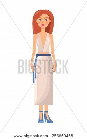 Girl In Stylish Summer Costume Of Shirt With Deep Decollete And Long Skirt With Belt. Young Woman In