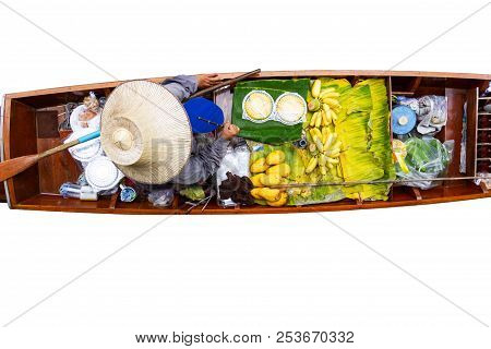 View From Top, Thailand Small Boats Laden With Fruits And Paddled By Thai Women Wearing Bamboo Hats,