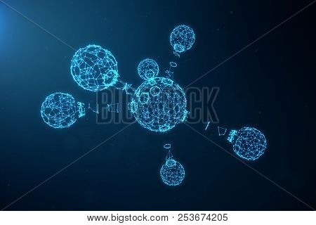 Digital Atoms Structure. Science Or Medical Background With Molecules And Atoms. Low Polygonal Grid 