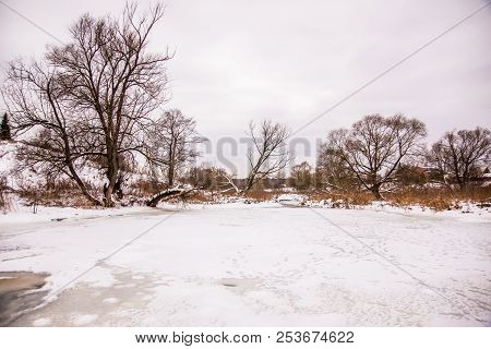 Landscape With Snowy Trees, Beautiful Frozen River