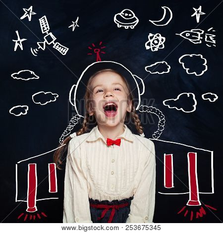 Creativity Education With Child Girl Astronaut. Kids Inspiration In Successful Education With Creati
