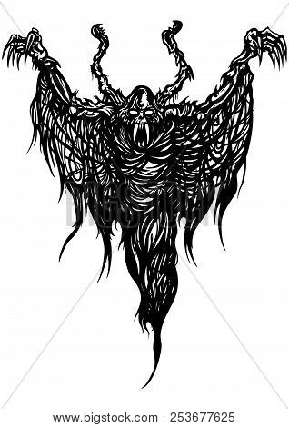 Illustration Black&white Ghost Monster With Ragged Wings Like A Spider Web