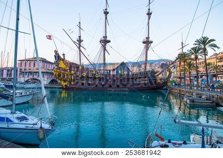 Genoa, Italy - December  6, 2016: Il Galeone Neptune Pirate Ship In Genoa, Italy.