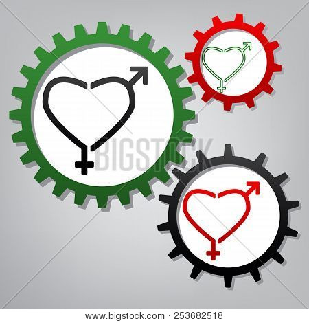 Gender Signs In Heart Shape. Vector. Three Connected Gears With
