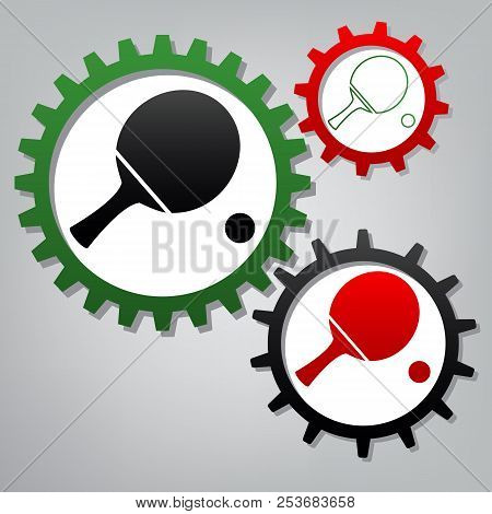 Ping Pong Paddle With Ball. Vector. Three Connected Gears With I