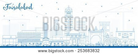 Outline Faisalabad Pakistan City Skyline with Blue Buildings. Business Travel and Tourism Concept with Modern Architecture. Faisalabad Cityscape with Landmarks.