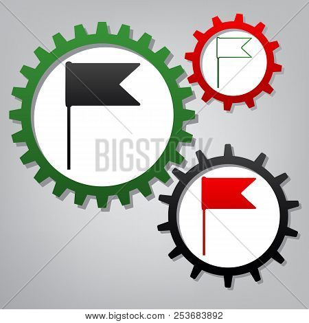 Flag Sign Illustration. Vector. Three Connected Gears With Icons