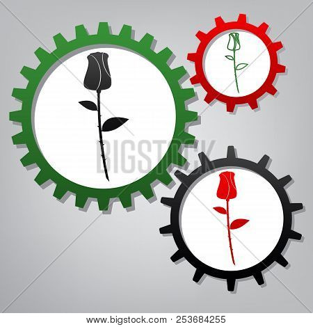 Rose Sign Illustration. Vector. Three Connected Gears With Icons