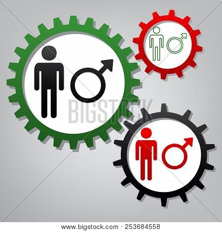 Male Sign Illustration. Vector. Three Connected Gears With Icons