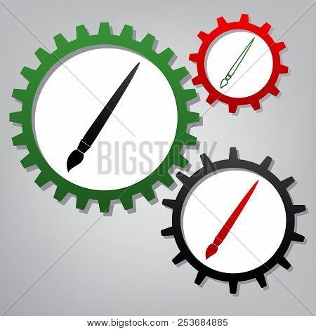 Brush Sign Illustration. Vector. Three Connected Gears With Icon