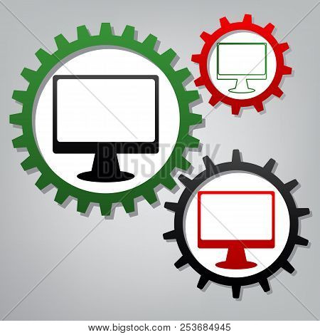 Monitor With Brush Sign. Vector. Three Connected Gears With Icon