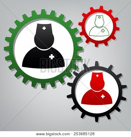 Doctor Sign Illustration. Vector. Three Connected Gears With Ico