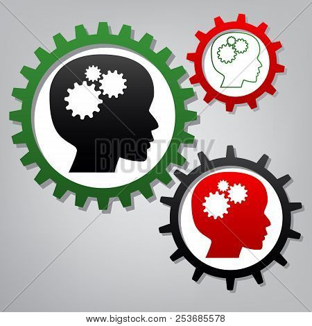 Thinking Head Sign. Vector. Three Connected Gears With Icons At