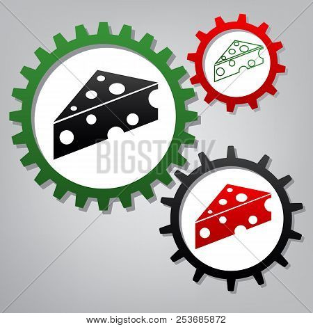Cheese Maasdam Sign. Vector. Three Connected Gears With Icons At