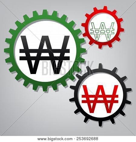 Won Sign. Vector. Three Connected Gears With Icons At Grayish Ba