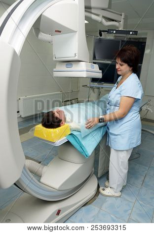 MOSCOW, RUSSIA - November 09, 2012: The patient before the operation on an x-ray machine. The endovascular surgery room in the city clinical hospital in Moscow.