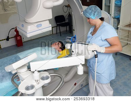 MOSCOW, RUSSIA - November 09, 2012: The patient before the operation on an x-ray machine. The endovascular surgery room in the city clinical hospital in Moscow.