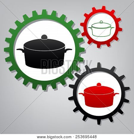 Pan Sign. Vector. Three Connected Gears With Icons At Grayish Ba
