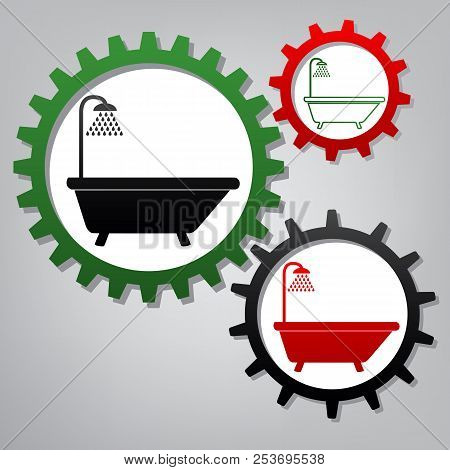 Bathtub Sign. Vector. Three Connected Gears With Icons At Grayis