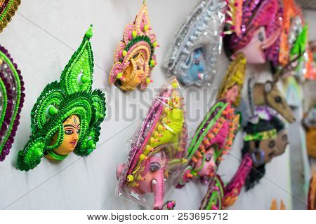 Colorful Chhau (or Chhou) Mask , Handicrafts On Display For Sale - At Charida, Purulia - Bangla (for
