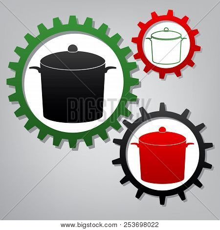 Pan Sign. Vector. Three Connected Gears With Icons At Grayish Ba