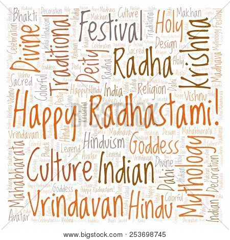 Happy Radhastami In Square Shape Word Cloud. Wordcloud Made From Letters And Words Only.