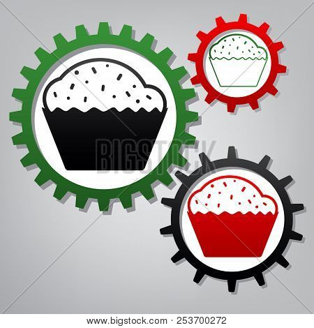 Cupcake Sign. Vector. Three Connected Gears With Icons At Grayis