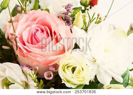 Bouquet Of Roses With Small Flowers On White Background