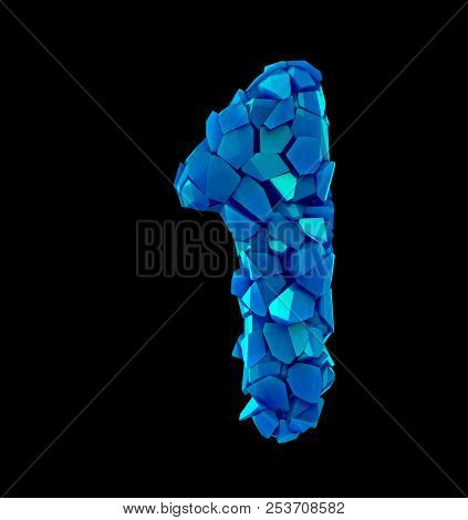 Number one 1 in a 3D illustration made of broken plastic blue color isolated black background