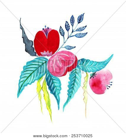 Hand Drawning Watercolor Of A Bouquet Of Flowers Of Different Types