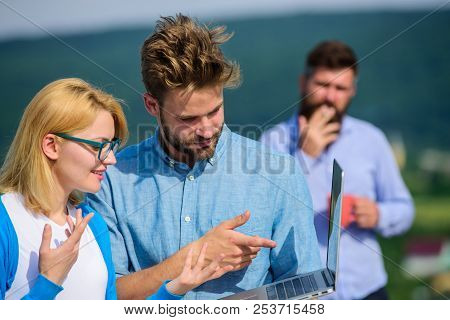 Colleagues With Laptop Work Outdoor Sunny Day, Nature Background. Couple Works Despite Of Coffee Bre