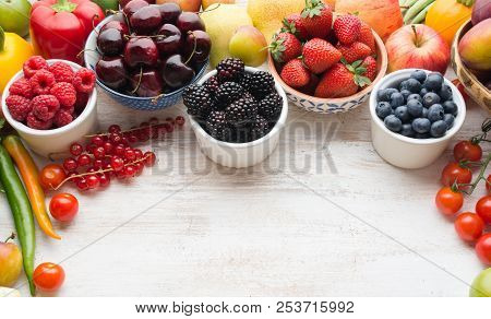 Healthy Summer Fruits Vegetables Berries Background, Cherries Strawberries Raspberries Blueberries B