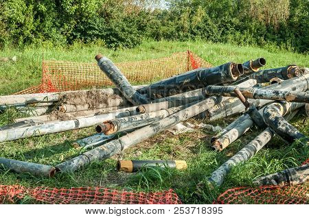 District Heating. Old District Heating Pipes With Insulation Removed From The Ground To Be Replaced 