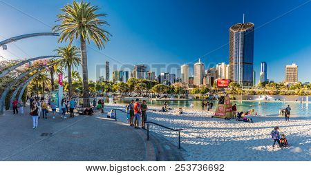 BRISBANE, AUS - AUG 12 2018: Streets Beach in South Bank Parkland. It's inner-city man-made beach next to city center.