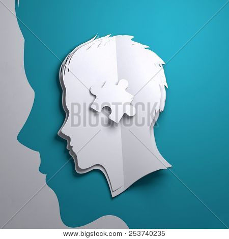 Folded Paper Art Origami. A Silhouette Of A Persons Head With A Puzzle Piece. Conceptual Mindfulness