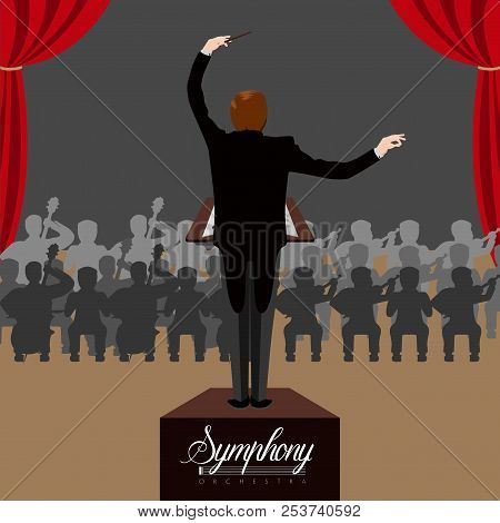 Isolated Director Witn Orchestra Background. Vector Illustration Design