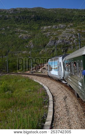 Famous Railroad Flamsbahn. Norwegian Train Near Railway Station.June 17,2018. Flam, Norway, Scandinavia.