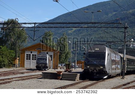 Station old Flam Railway. The Flamsbana is a 20.2-kilometer long railway line between Myrdal and Flam in Aurland, June 17,2018. Flam, Norway, Scandinavia.