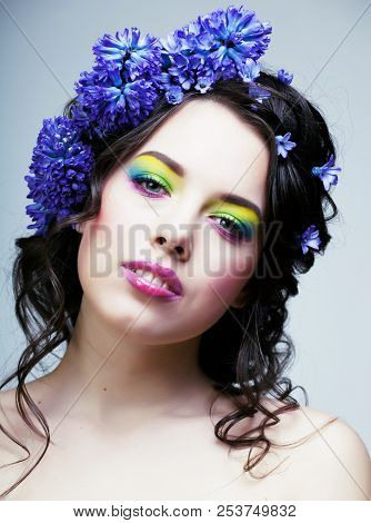 Beauty Young Woman With Flowers And Make Up Close Up, Real Sprin