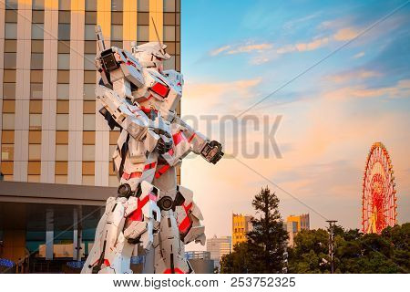 Tokyo, Japan - April 20 2018: Full-size Mobile Suit  Rx-0 Unicorn Gundam Replica From The Mobile Sui