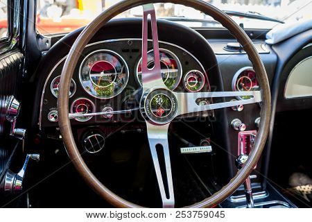 Berlin - June 09, 2018: Interior Of A Sports Car Chevrolet Corvette Sting Ray (c2). Classic Days Ber