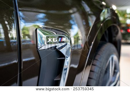 Berlin - June 09, 2018: Showroom. Fragment Of A Mid-size Luxury Crossover Suv Bmw X6 M.