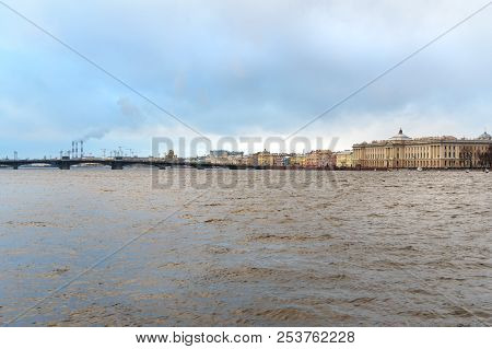 View Of Universitetskaya Embankment And Annunciation Blagoveshchensky Bridge In Saint Petersburg, Ru